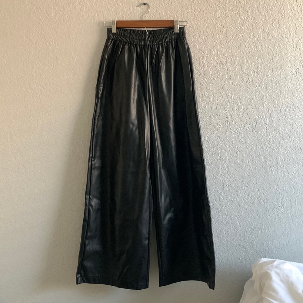 Fake Leather Wide Leg Black Pants
